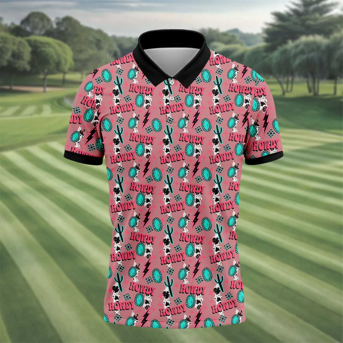 Howdy Pink Lightning Bolts Western Theme Golf Tops For Men, Polo Shirts For Men, Golf Shirts For Men