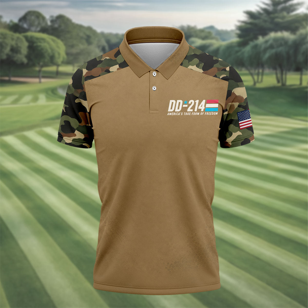DD-214 Tan Military Camo Freedom Polo Shirt, Veterans Day Shirt, Golf Shirts For Men