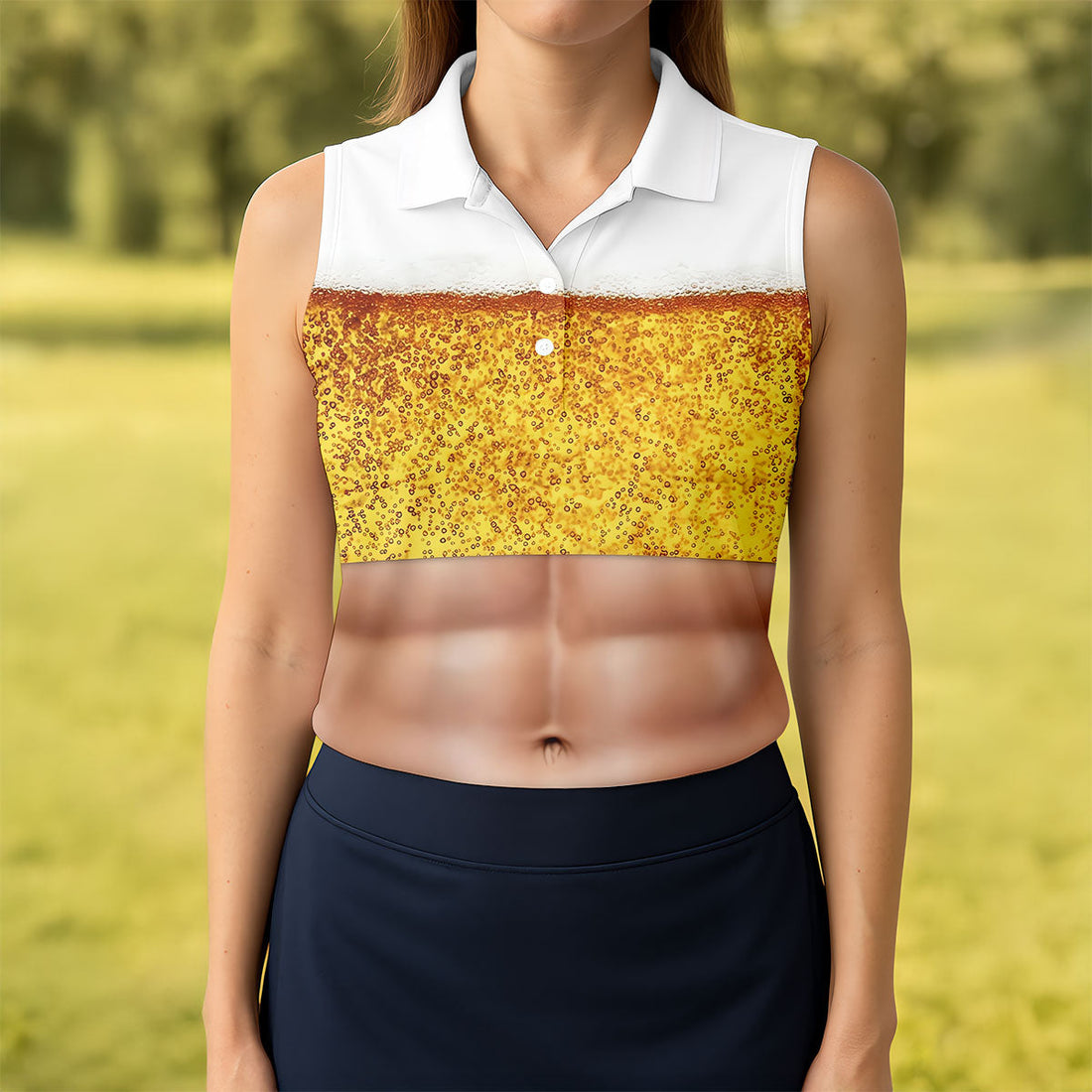 Bubbly Beer Foam Faux Abs Sleeveless Crop Golf Shirt, Golf Tops For Women, Ladies Golf Top
