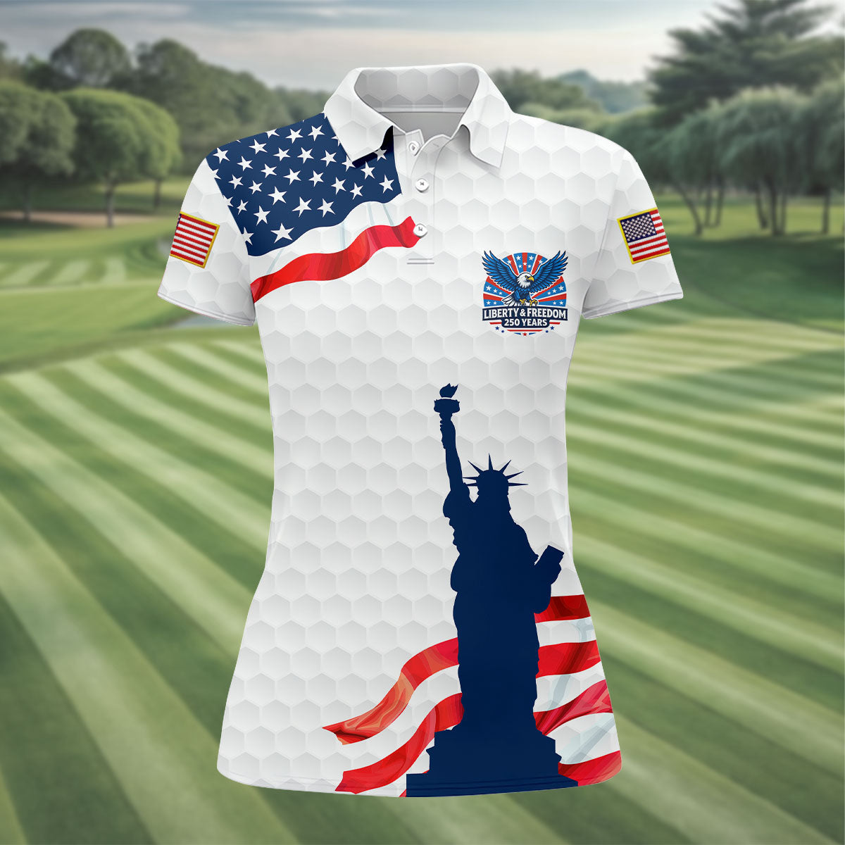 Liberty And Freedom 250 Years Golf Ball Pattern Patriotic Golf Shirt, 4th Of July Golf Shirt For Women