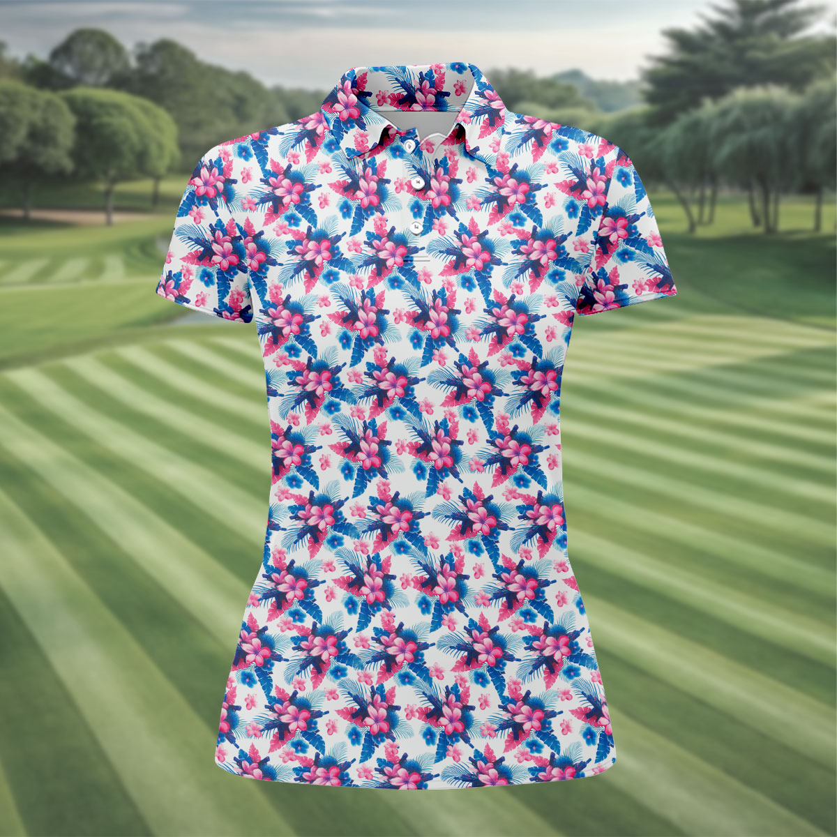Pink Blue Tropical Floral Hawaiian Golf Shirt, Vibrant Color Golf Shirt For Women