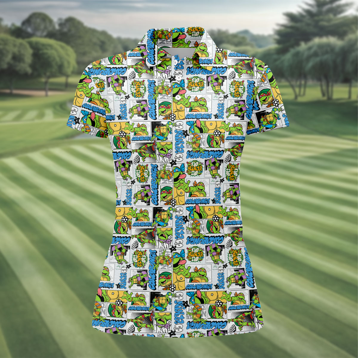 Funny Ninja Turtle Comic Hawaiian Golf Shirt, Ladies Golf Shirts, Golf Tops For Women