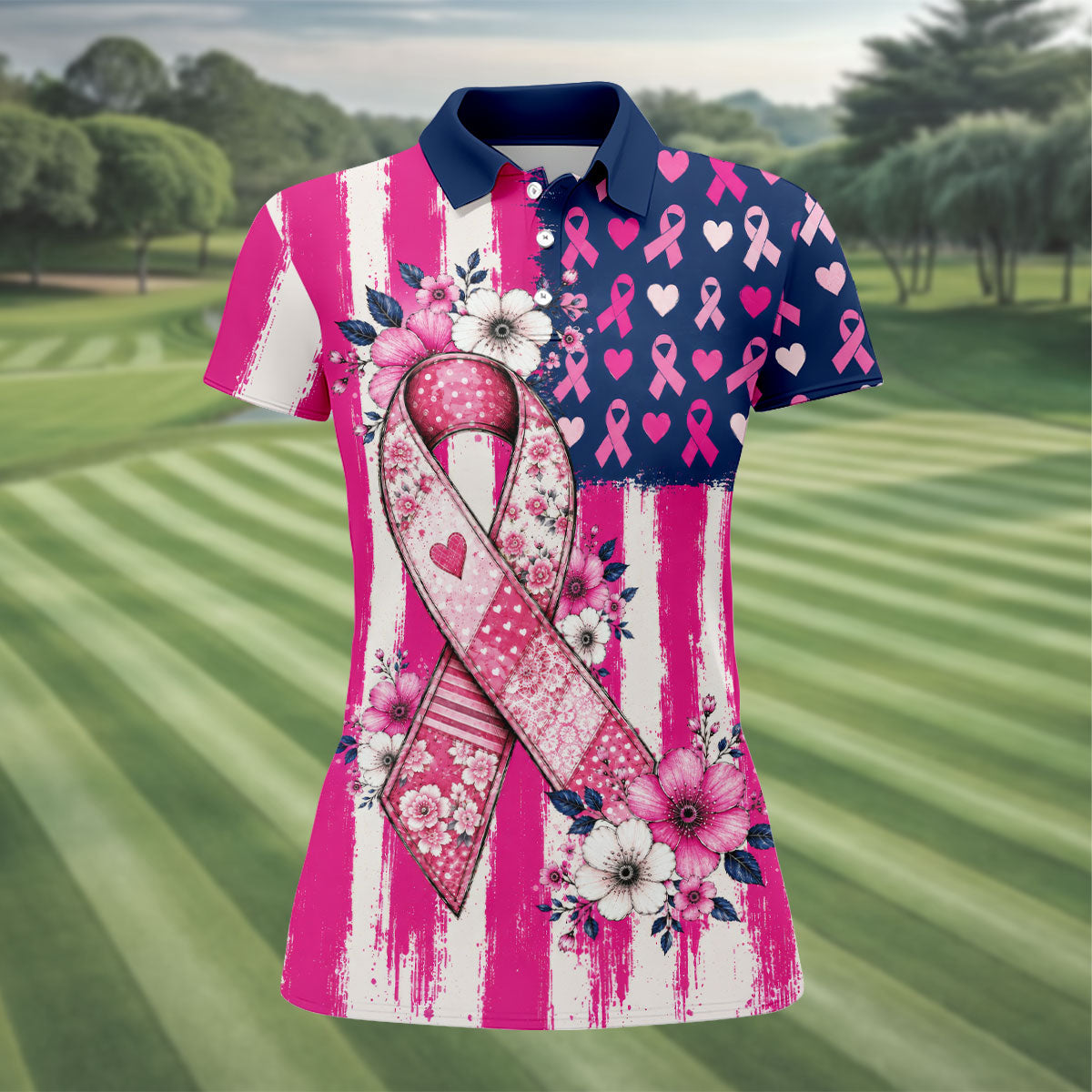 American Flag Pink Breast Cancer Awareness Golf Polo Shirt, Womens Golf Polo, Golf Shirts For Women