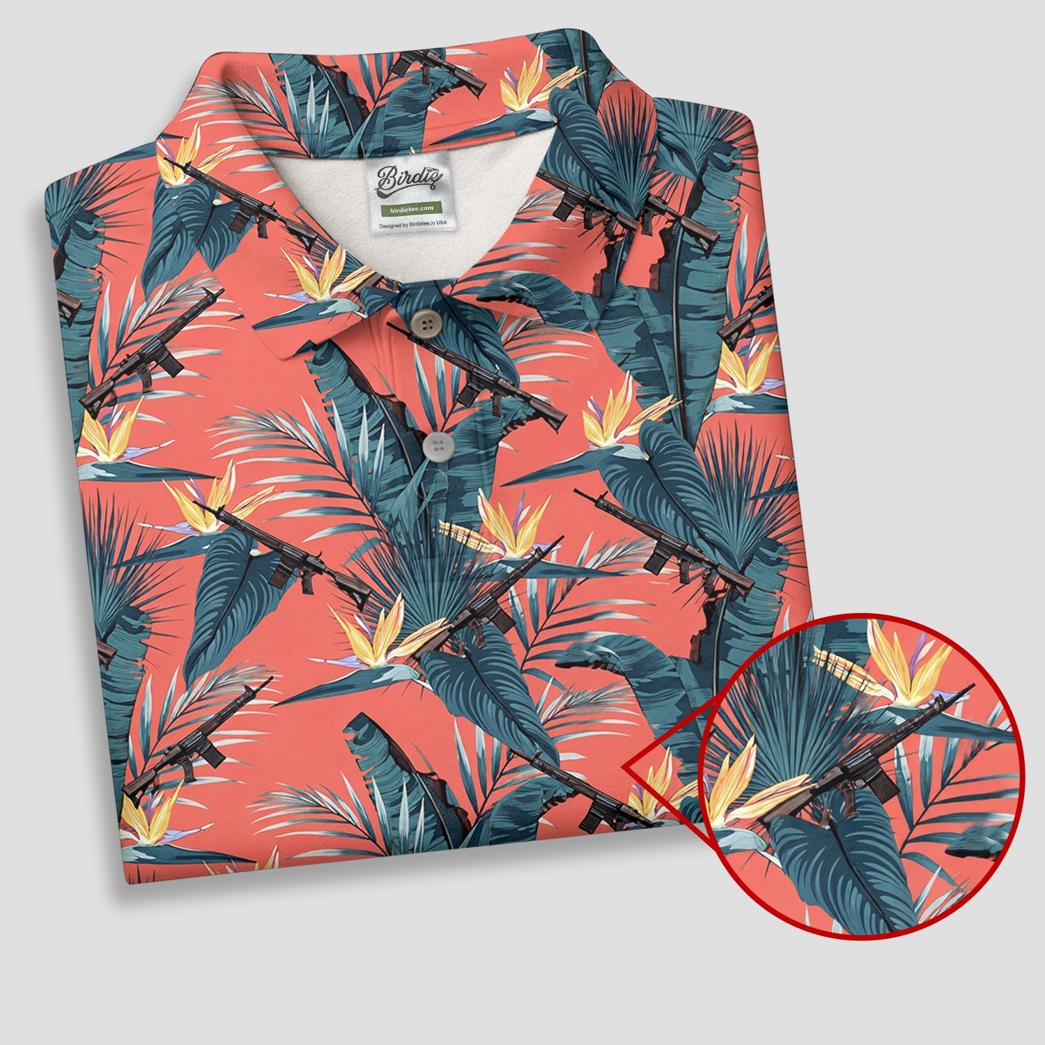 Tropical Palm Leaf And Rifle Pattern Coral Golf Polo, Women’s Golf Apparel, Performance Golf Shirt