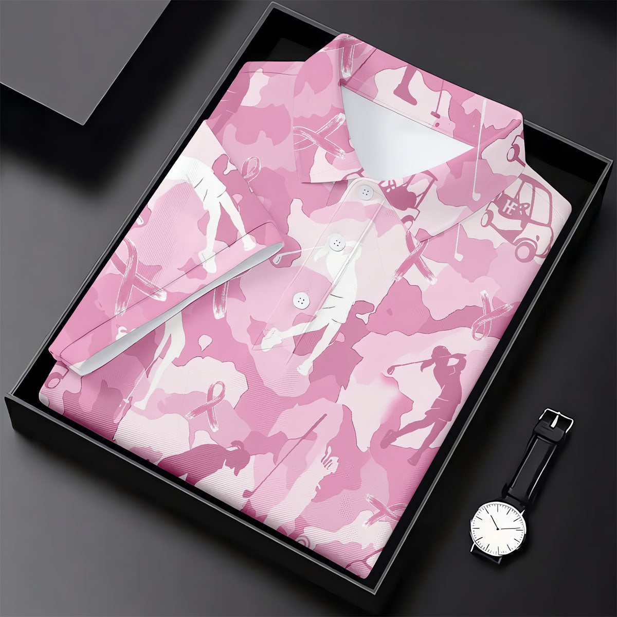 Pink Camo Golfer Breast Cancer Ribbon Polo Shirt, Ladies Golf Tops, Women’s Golf Polo