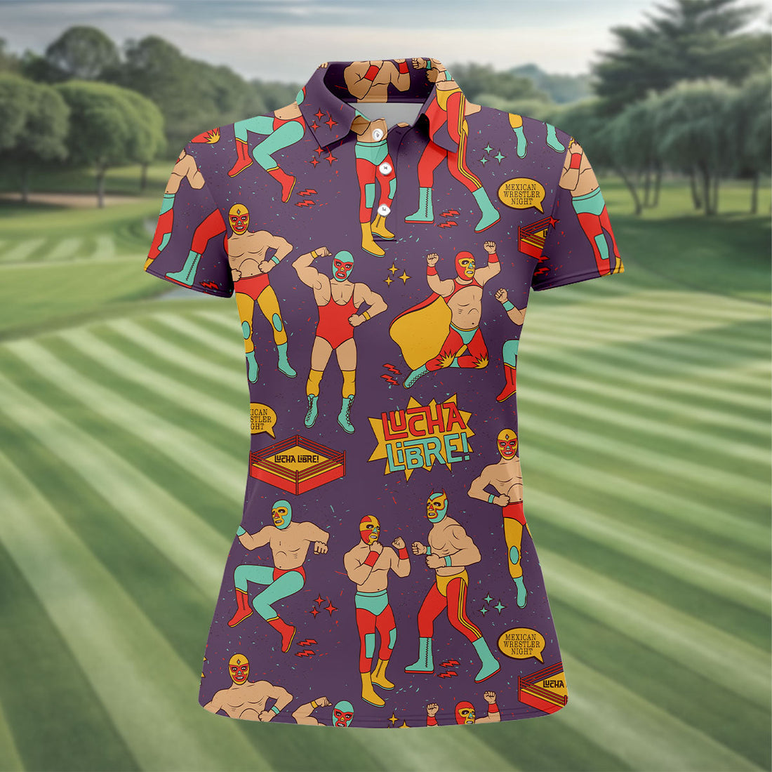 Purple Lucha Libre Mexican Wrestler Pattern Golf Shirt, Women’s Golf Polo, Ladies Golf Top