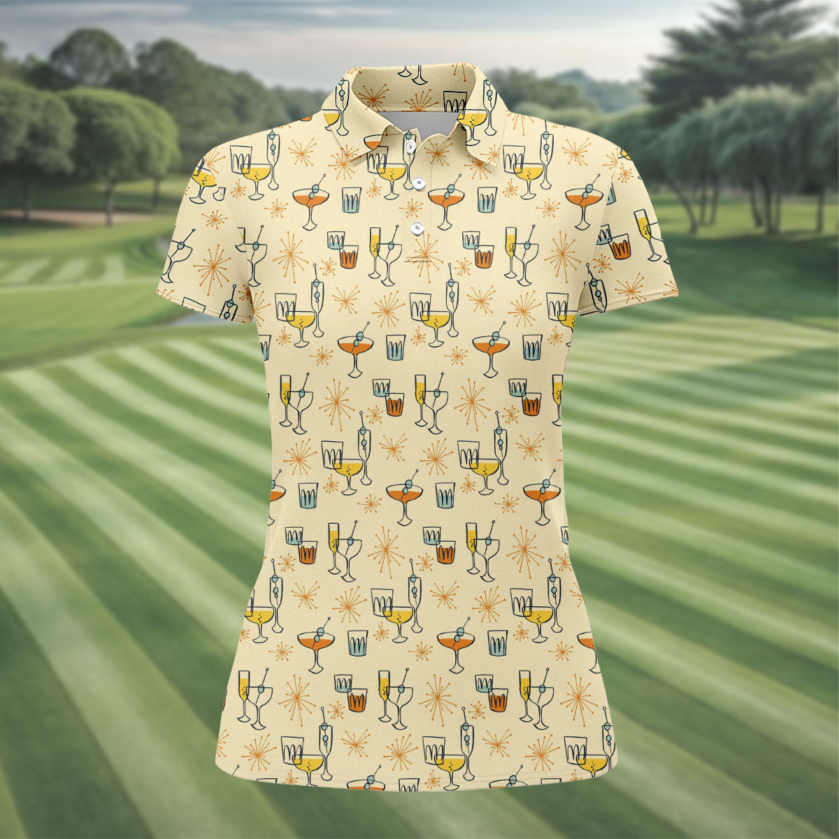 Retro Cocktail Drinks Pattern Golf Polo Shirt, Ladies Golf Tops, Performance Golf Shirt