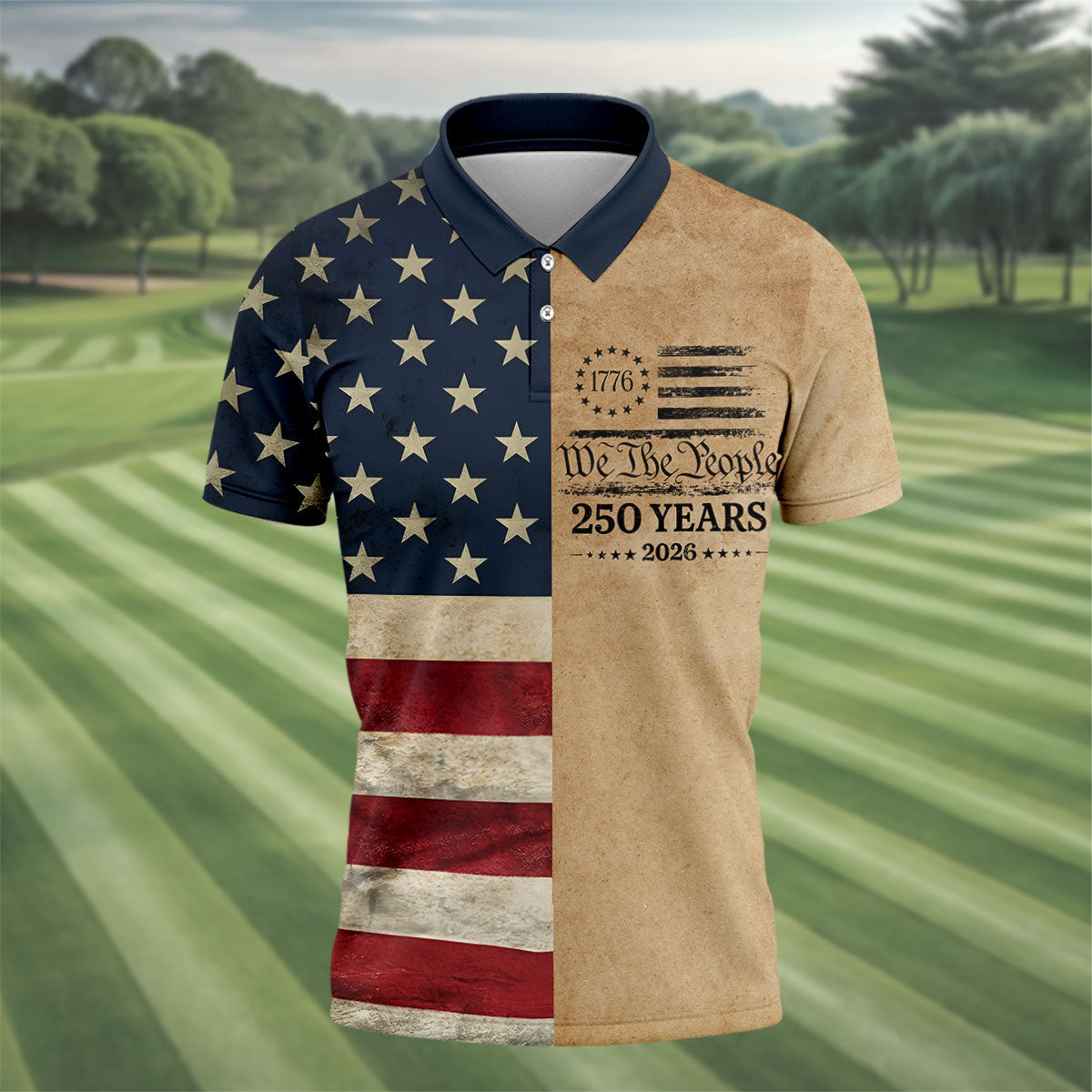 We The People 250 Years US Flag Pattern Patriotic Golf Shirt, 4th Of July Golf Shirts For Men