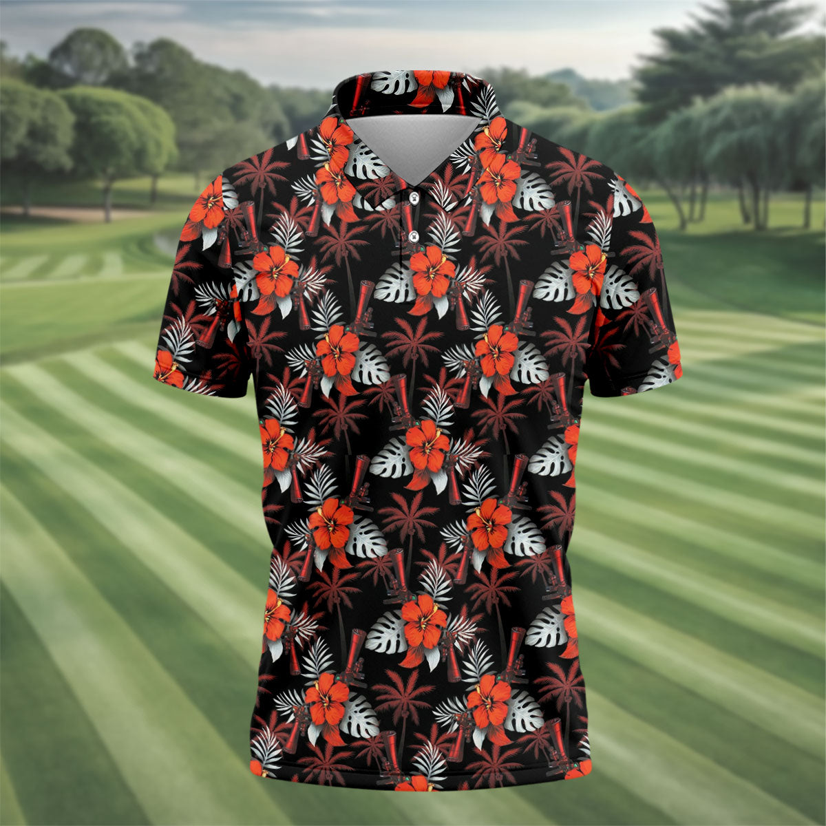 Orange Hibiscus Black Hawaiian Golf Shirt, Summer Vibe Golf Shirts For Men