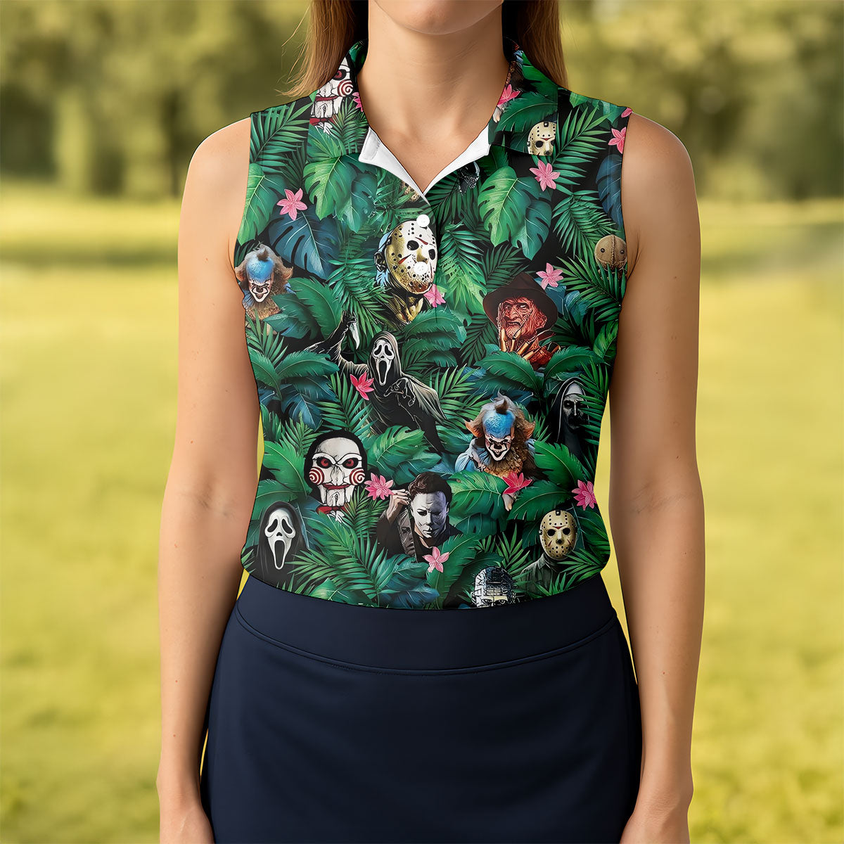 Tropical Horror Character Pattern Golf Polo Shirt, Womens Golf Polo, Ladies Golf Shirts