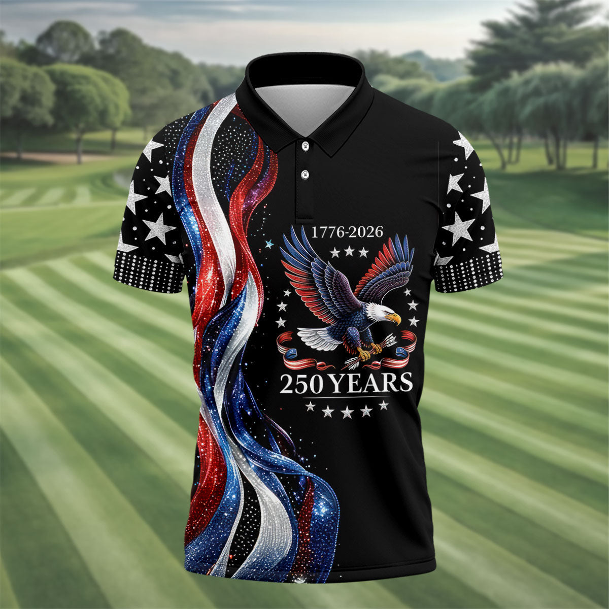 USA 250th Anniversary Bald Eagle Galaxy Art Golf Shirt, Patriotic 4th Of July Golf Shirts For Men
