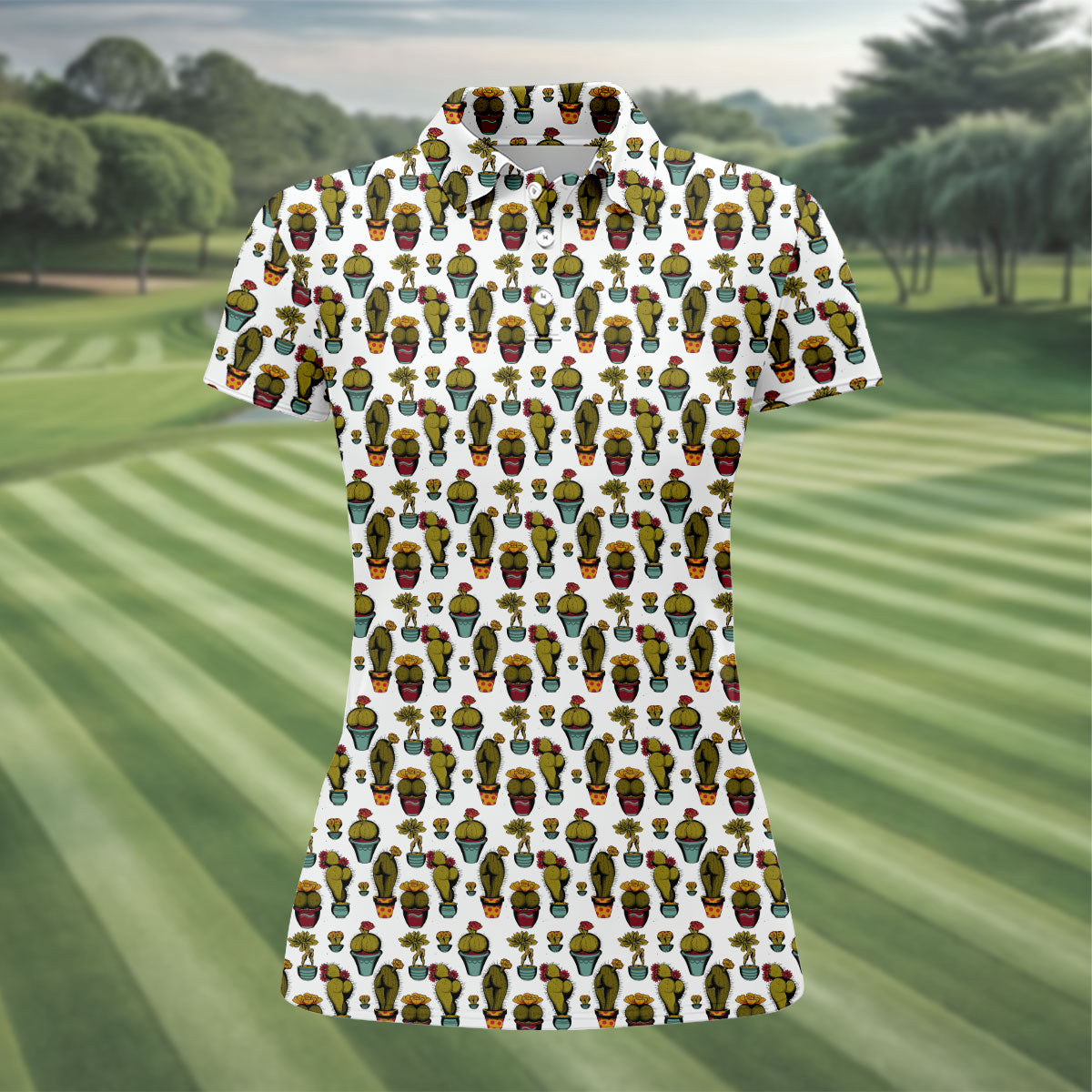 Cute Potted Cactus Pattern Golf Polo Shirt, Ladies Golf Tops, Women's Golf Polo