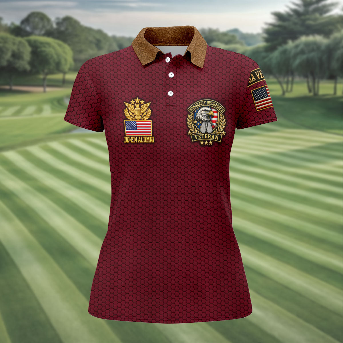 DD-214 Maroon Honeycomb Veteran Polo Shirt, Golf Shirts For Women, Veterans Day Shirt