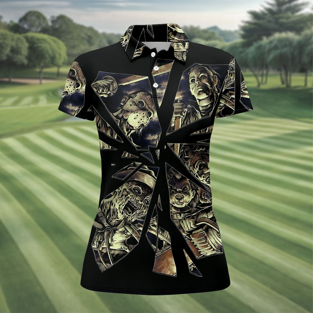 Broken Glass Horror Character Collage Golf Polo Shirt, Womens Golf Polo, Ladies Golf Shirts