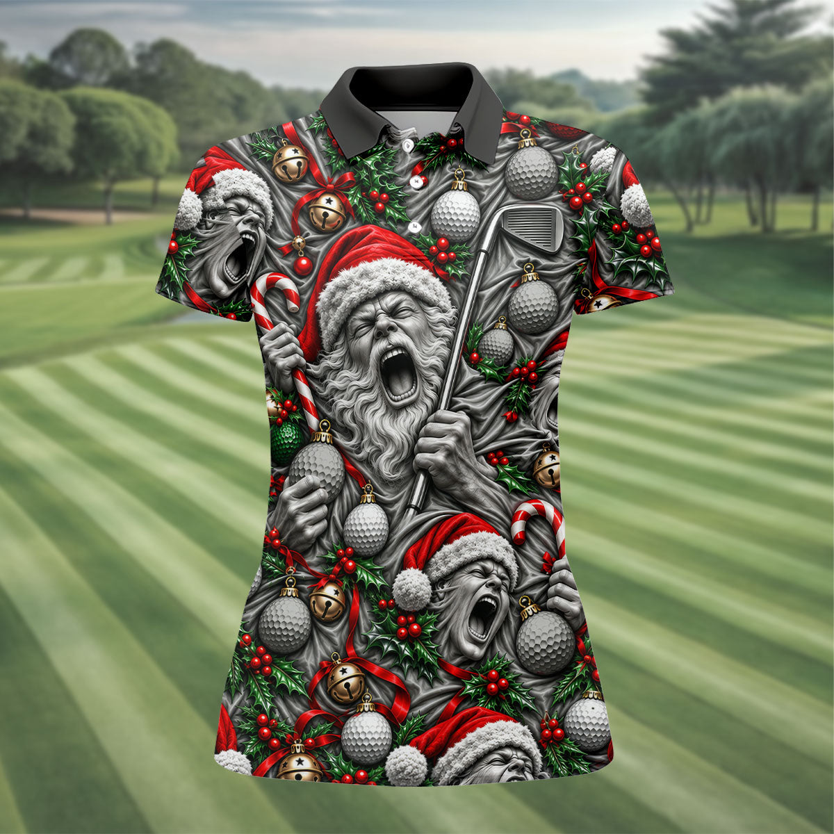 Screaming Santa Faces Christmas Golf Shirt, Ladies Golf Shirts, Golf Tops For Women