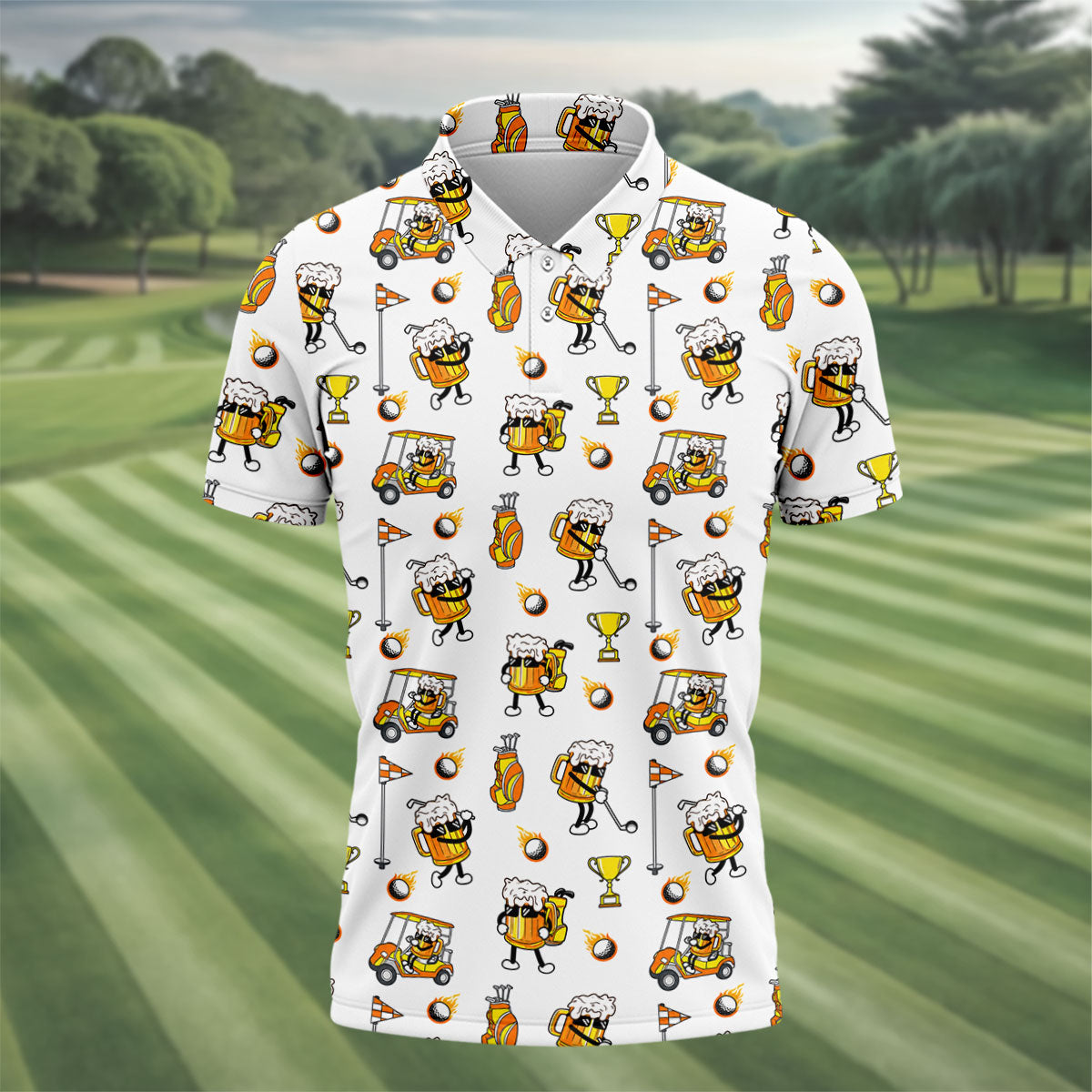 Funny Beer Mug Golfer Pattern Golf Polo Shirt, Mens Golf Polo, Golf Apparel For Men