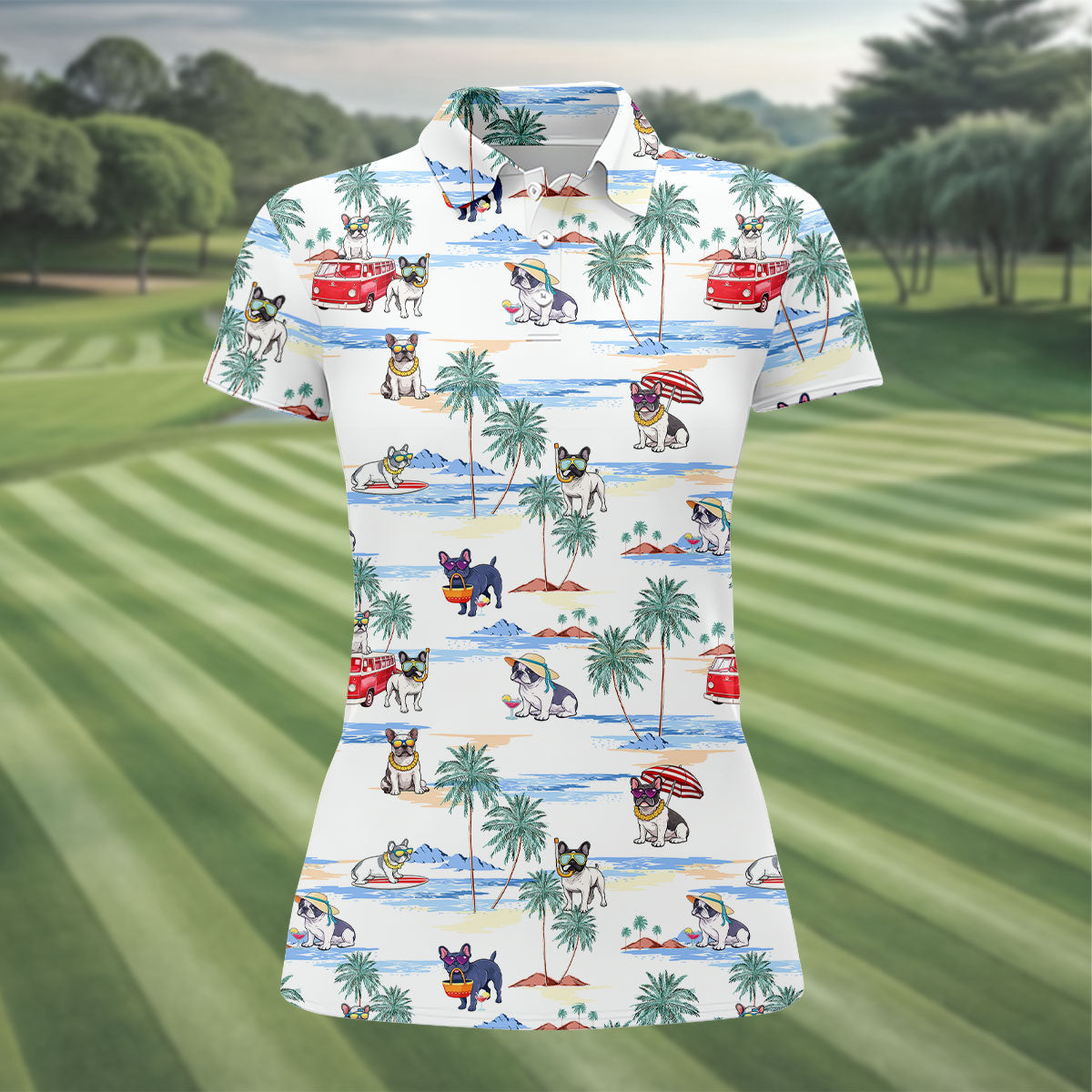 French Bulldog Beach Vacation Hawaiian Golf Polo Shirt, Ladies Golf Tops, Golf Polo For Women