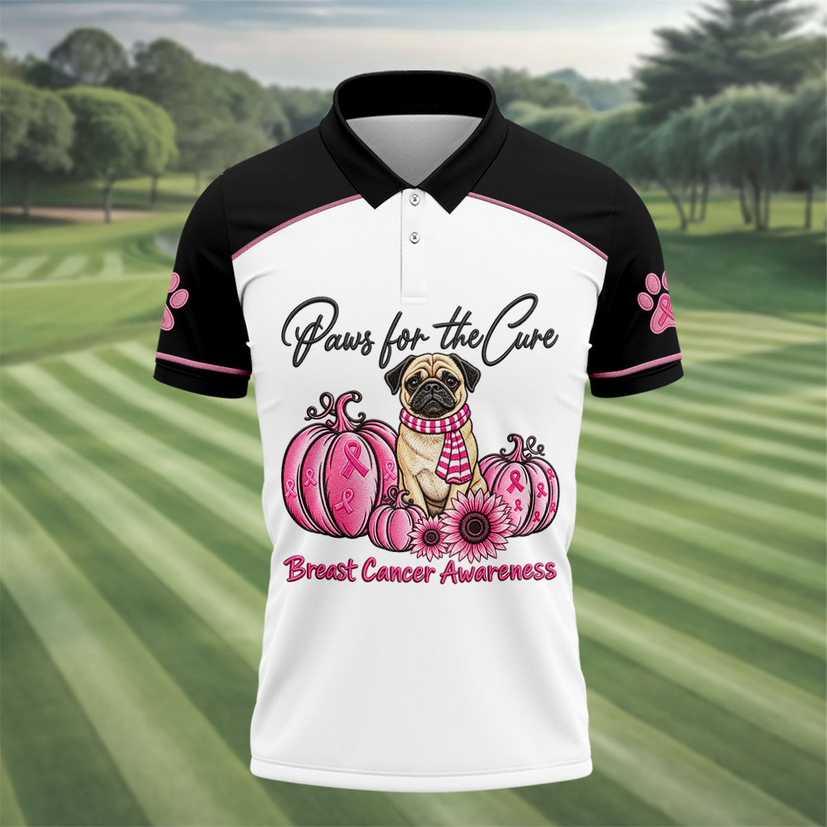 Paws For The Cure Pug Breast Cancer Polo Shirt, Golf Shirts For Men, Mens Golf Apparel