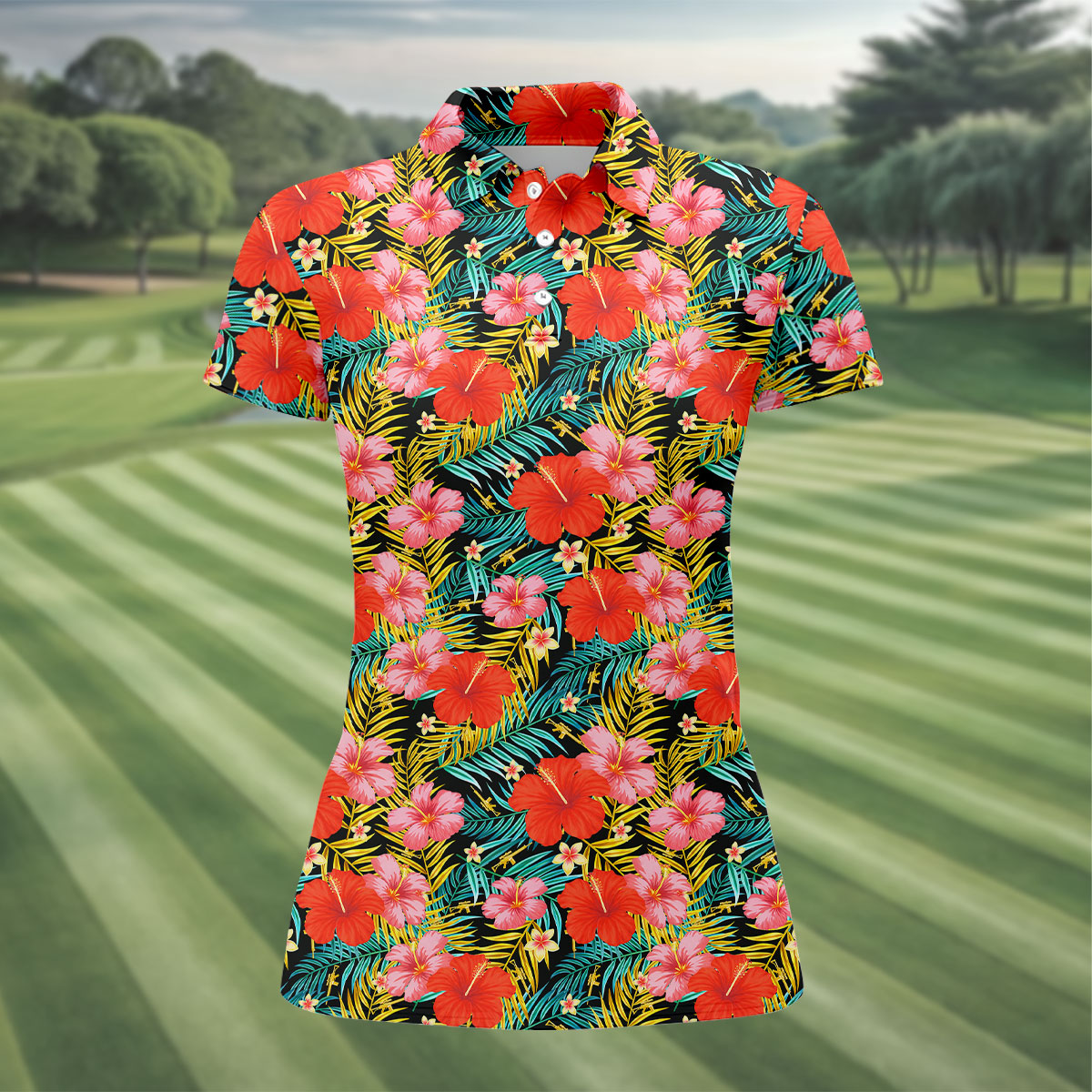 Red Hibicus Gold Palm Leaf Hawaiian Golf Shirt, Summer Theme Golf Shirt For Women