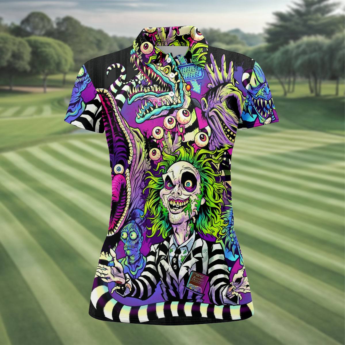 Neon Horror Character Monster Collage Golf Polo Shirt, Ladies Golf Shirts, Hawaiian Golf Shirt