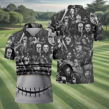 Stitched Skull Horror Character Halloween Polo Shirt, Men's Golf Shirt, Mens Polo Shirts