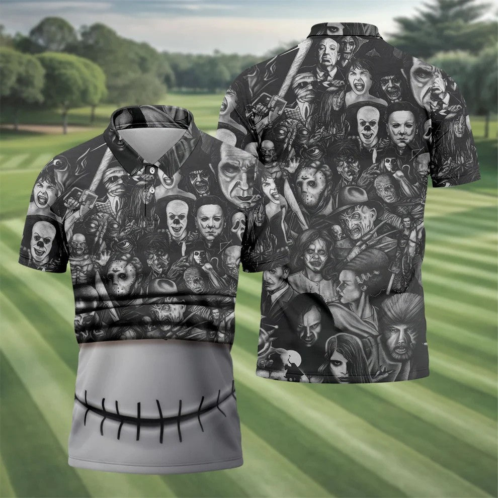 Stitched Skull Horror Character Halloween Polo Shirt, Men's Golf Shirt, Mens Polo Shirts