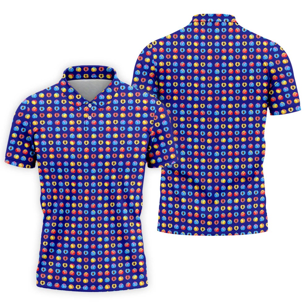 Funny Peach Emoji Pattern Golf Polo Shirt, Men's Golf Polo Shirt, Novelty Golf Shirts For Men