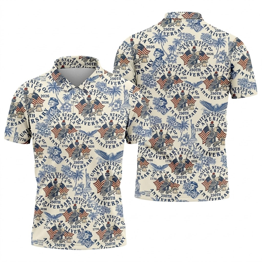 USA 250th Anniversary Toile De Jouy Hawaiian Golf Shirt, Patriotic 4th Of July Golf Shirts For Men