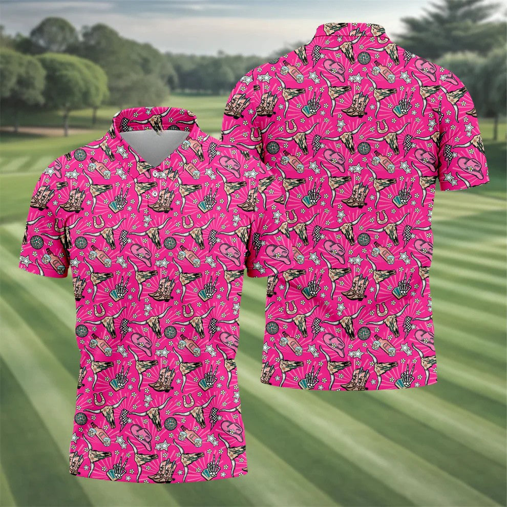 Pink Western Cowgirl Pattern Golf Polo Shirt, Golf Apparel For Men, Printed Golf Shirts