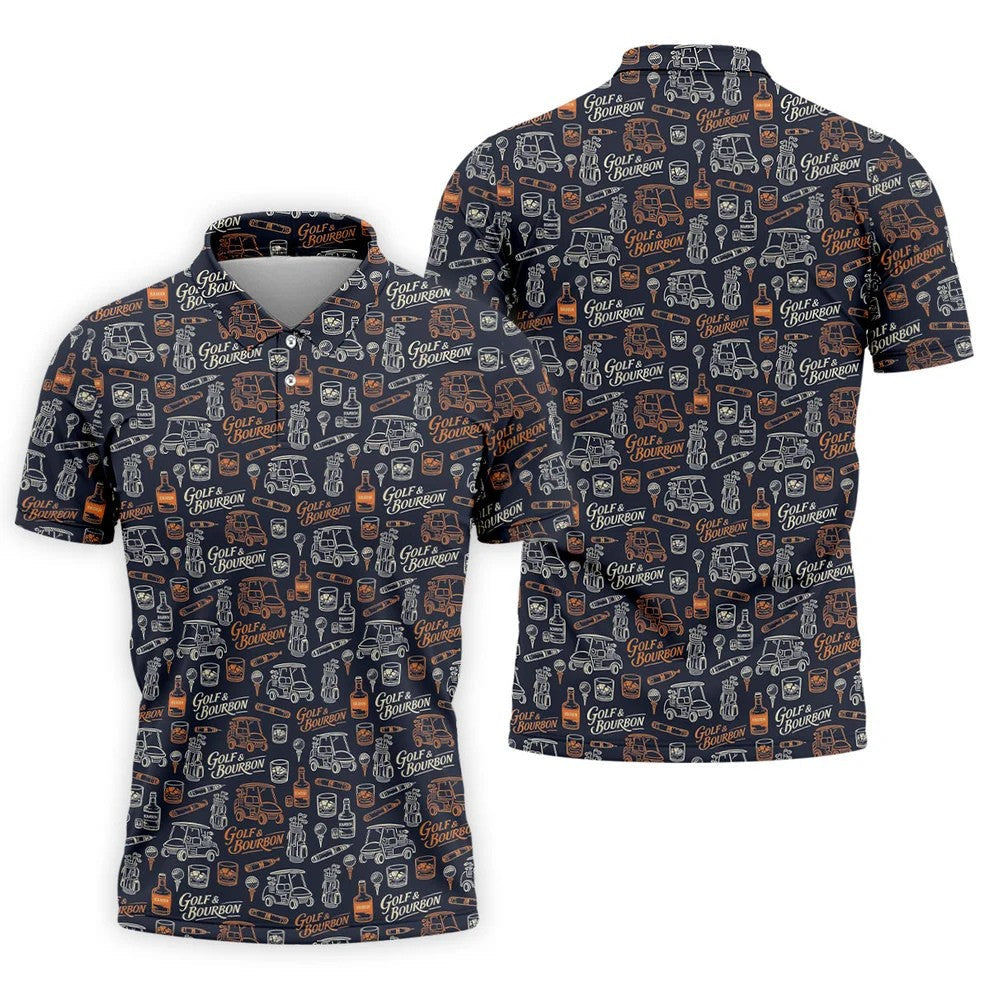 Funny Golf Bourbon Cigar Pattern Polo Shirt, Golf Polo Shirts For Men, Mens Golf Apparel