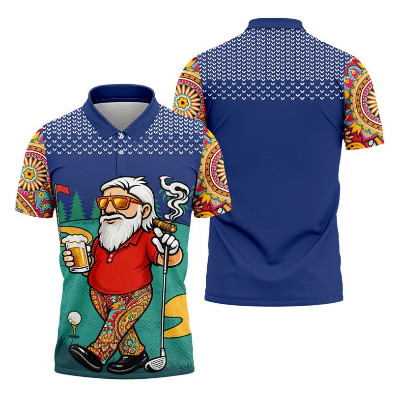 Men's Funny Golf Santa Beer And Cigar Polo Shirt, Mens Golf Polo, Golf Apparel For Men