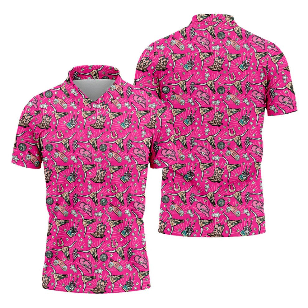 Pink Western Cowgirl Pattern Golf Polo Shirt, Golf Apparel For Men, Printed Golf Shirts