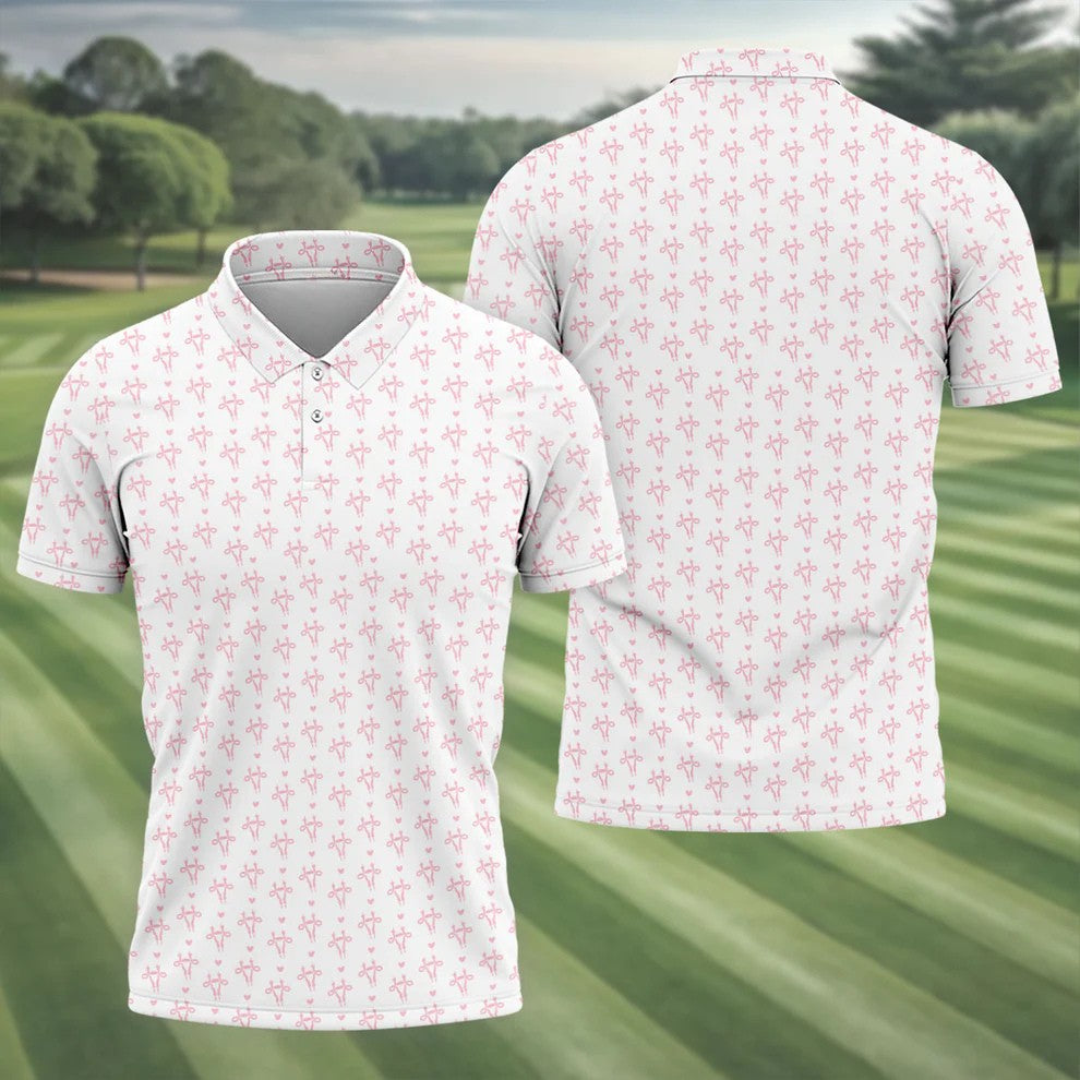 White Pink Funny Adult Pattern Polo Shirt, Golf Shirts For Men, Mens Golf Polo