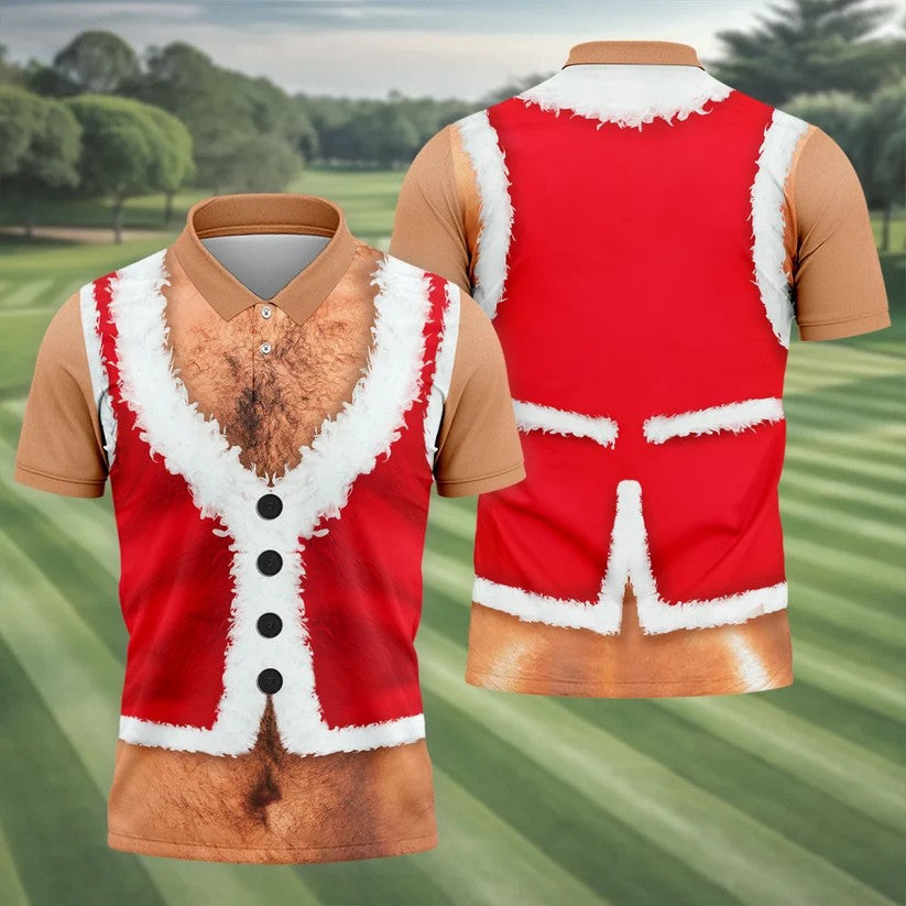 Hairy Chest Santa Print Christmas Golf Shirt, Mens Golf Polo, Golf Shirts For Men