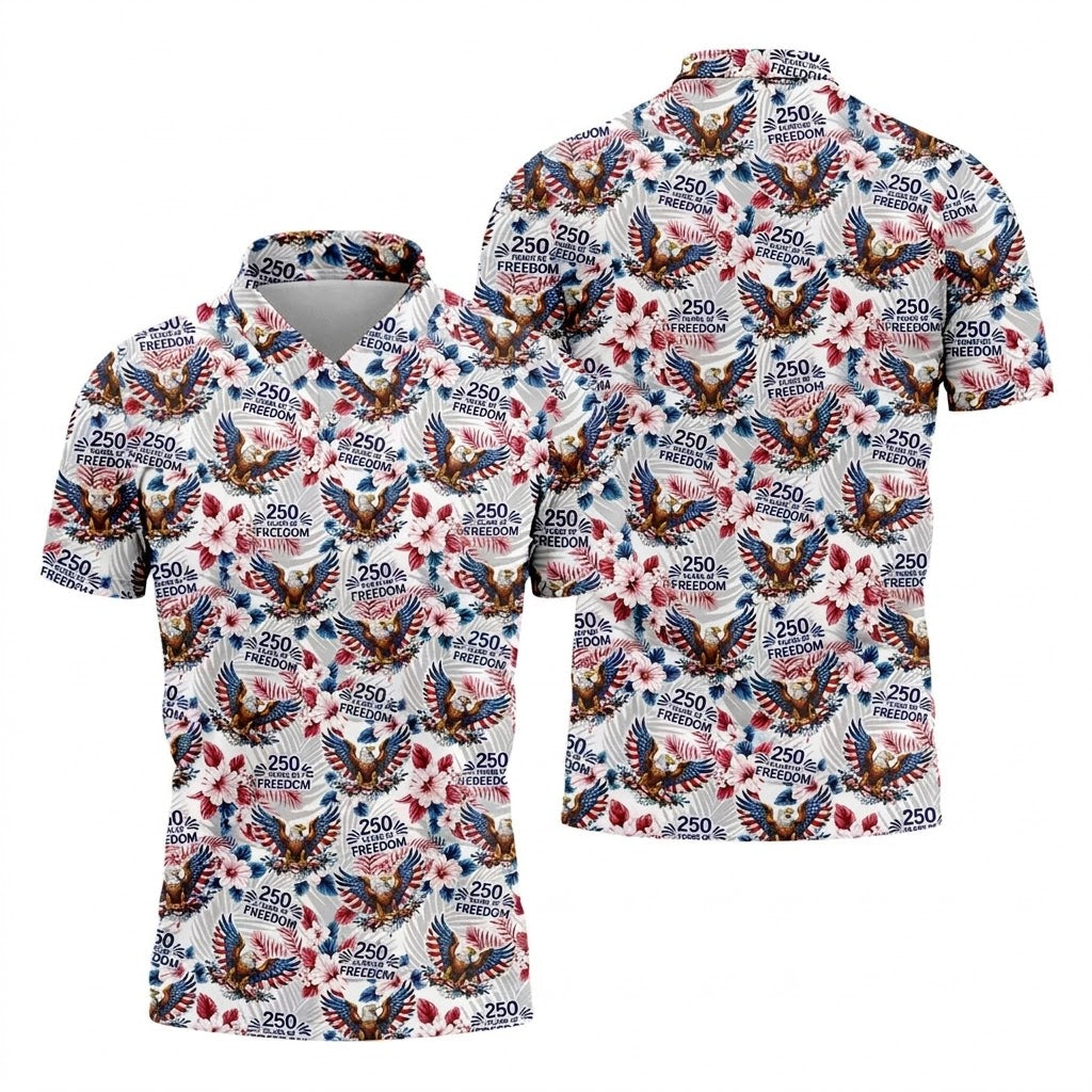 250 Years Of Freedom US Bald Eagle Tropical Theme Golf Tops For Men, Patriotic 4th Of July Golf Shirts For Men