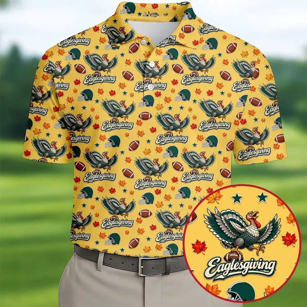 Eaglesgiving Thanksgiving Golf Shirt, Golf Shirts For Men, Mens Holiday Golf Shirts