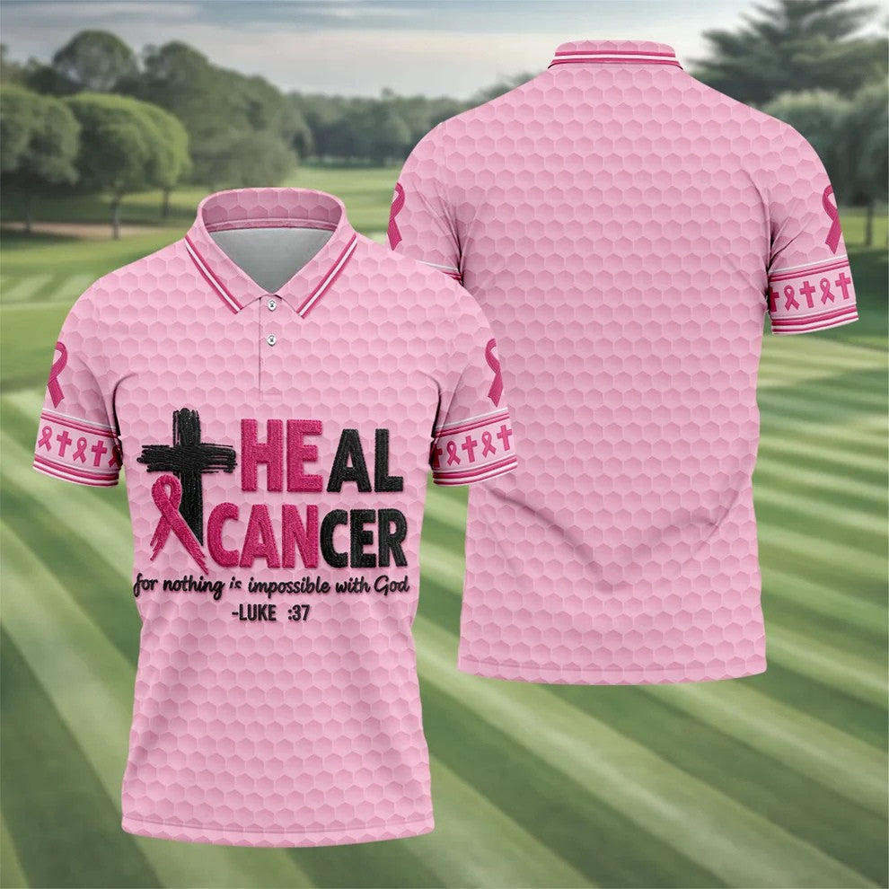 Heal Cancer Faith Pink Breast Cancer Awareness Shirt, Mens Golf Polo, Golf Shirts For Men