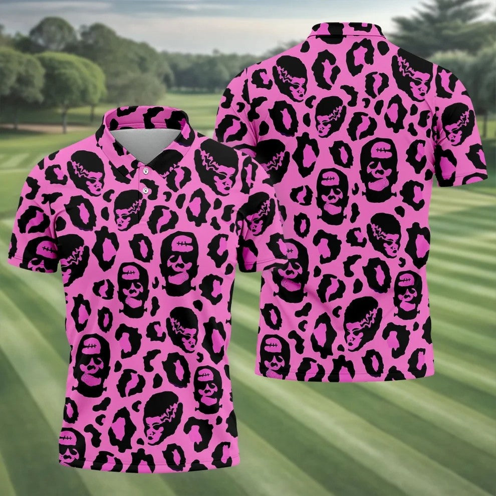 Leopard Print Horror Character Halloween Golf Polo Shirt, Golf Apparel, Mens Golf Shirt