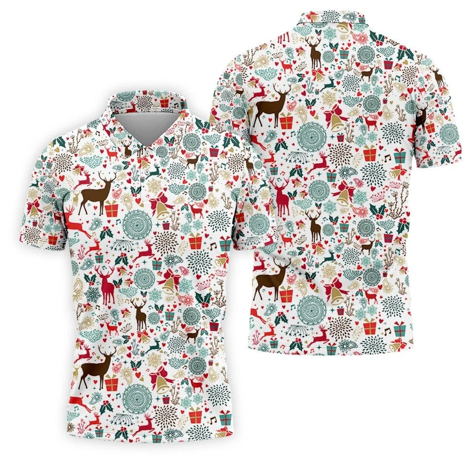 Vintage Reindeer White Christmas Golf Tops For Men, Gift Christmas Golf Shirt Polos, Men Golf Apparel