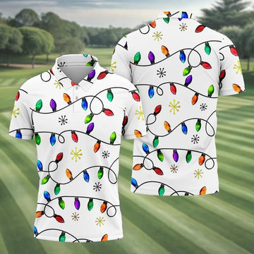 Christmas Light Print Fun Men's Golf Polos, Christmas Golf Shirt, Unique Gift For Golfer, Polo Shirts For Men
