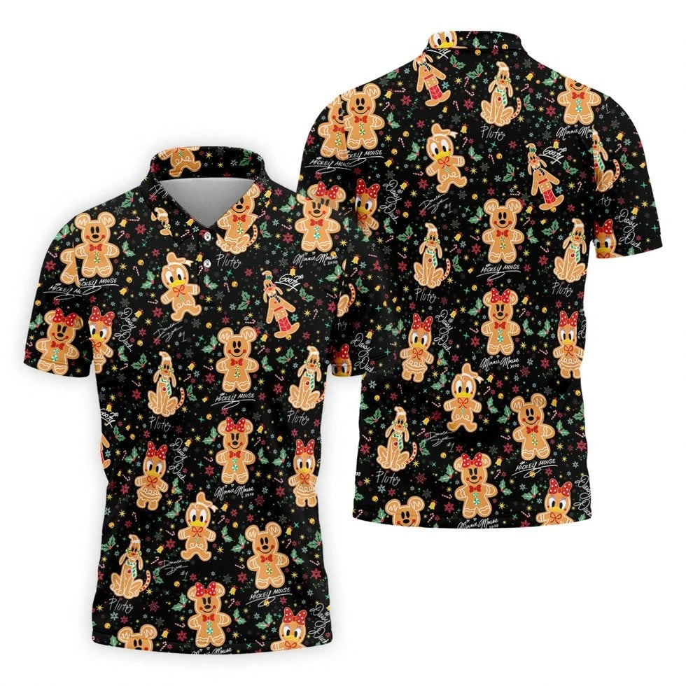 Cute Gingerbread Classic Cartoon Characters Christmas Golf Shirt, Black Golf Shirt, Polo Shirts For Men