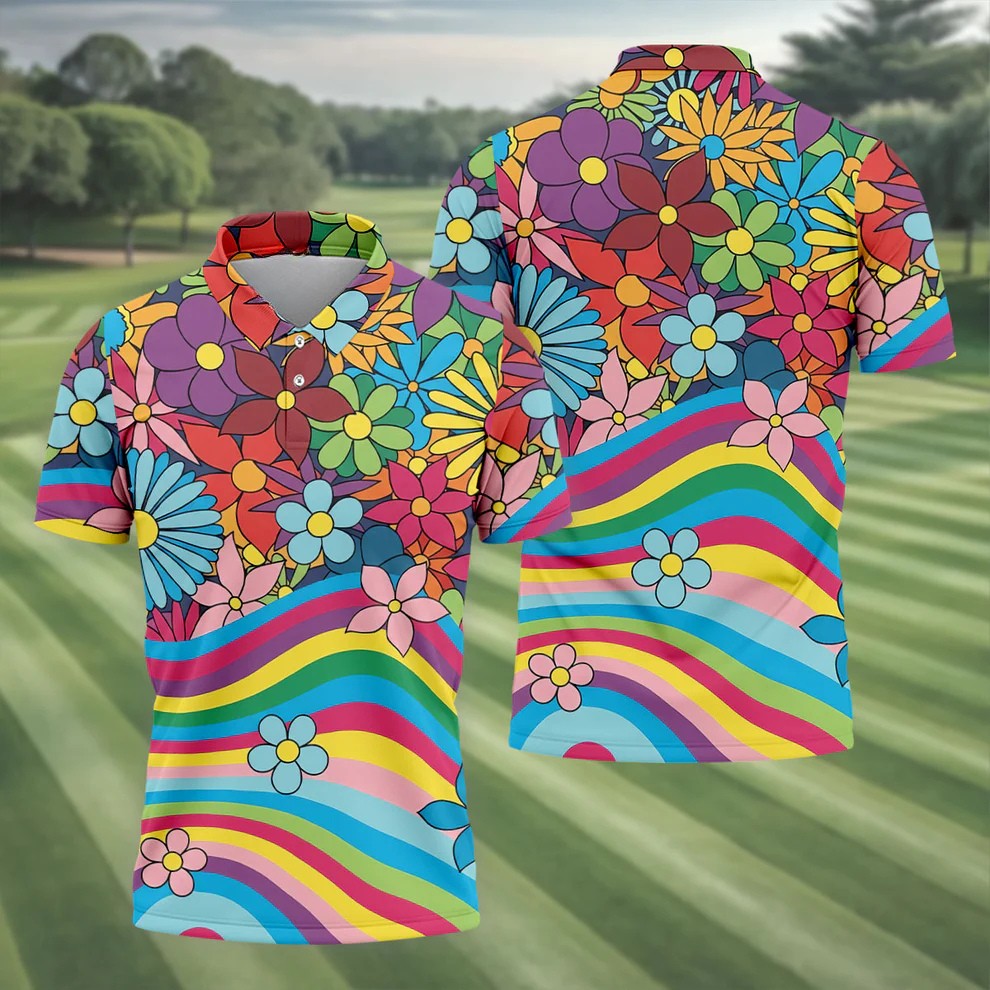Retro Rainbow Floral Hippie Hawaiian Golf Shirt, Golf Polo Shirts For Men, Mens Golf Apparel