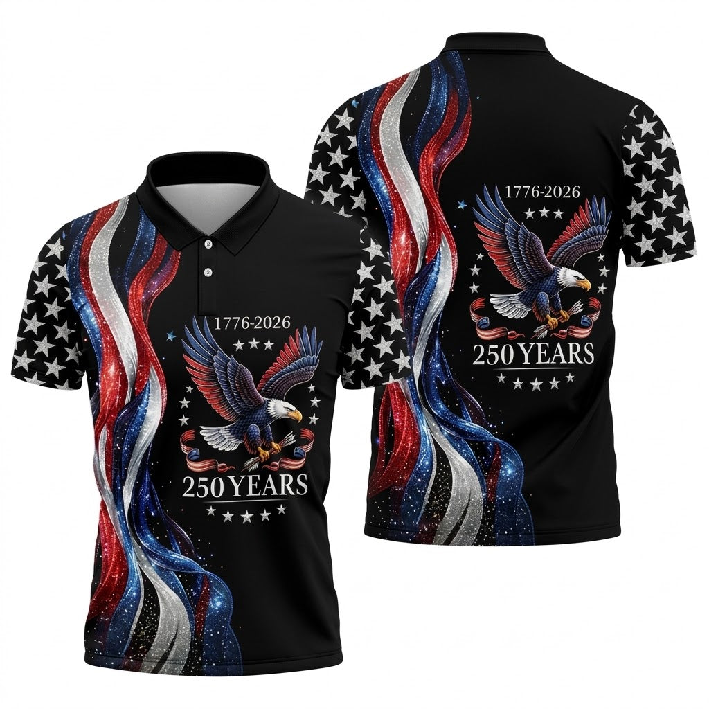 Bald Eagle Red White Blue Wavy Stripes Patriotic Golf Shirt, 250 Years 4th Of July Golf Shirts For Men