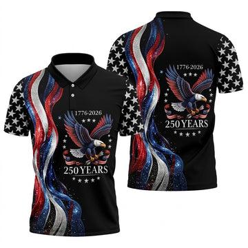 Bald Eagle Red White Blue Wavy Stripes Patriotic Golf Shirt, 250 Years 4th Of July Golf Shirts For Men