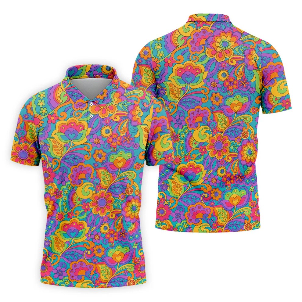 Vintage Psychedelic Floral Pattern Hawaiian Golf Shirt, Mens Golf Shirts, Golf Polo Shirts For Men
