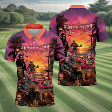 Summerween Halloween Horror Character Golf Shirt, Printed Golf Shirts, Hawaiian Golf Shirt