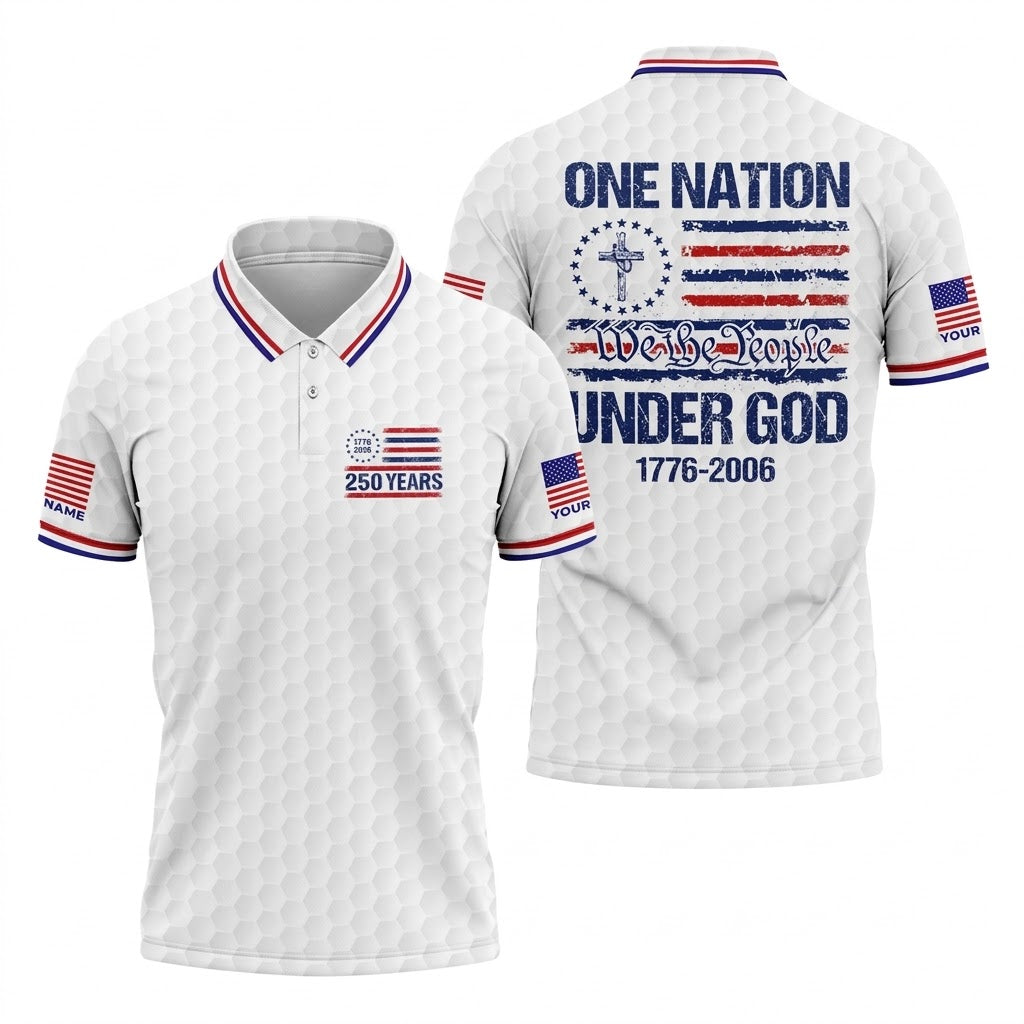 One Nation Under God We The People White Golf Shirt, 250 Years 4th Of July Golf Shirts For Men
