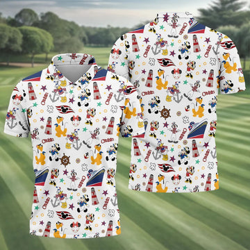 Cartoon Cruise Vacation Pattern Golf Polo Shirt, Hawaiian Golf Shirt, Golf Polo Shirts For Men