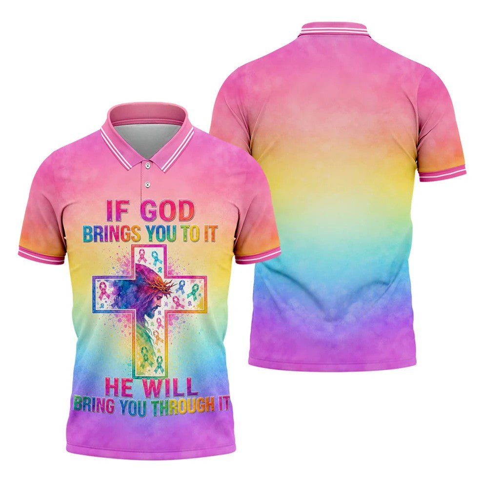 If God Brings You To It Cancer Cross Polo Shirt, Mens Golf Polo, Golf Apparel For Men