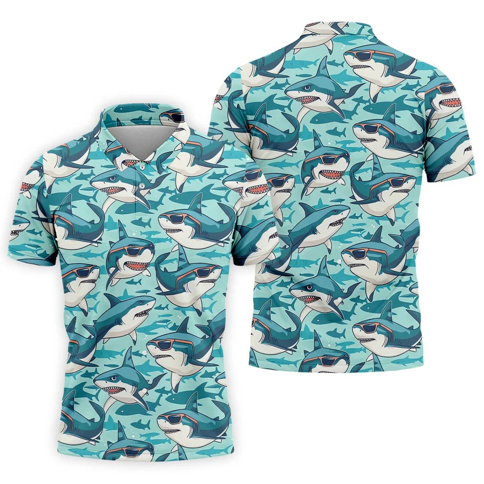 Animated Shark Hawaiian Golf Shirt, Men's Funny Golf Shirts, Golf Shirts For Men